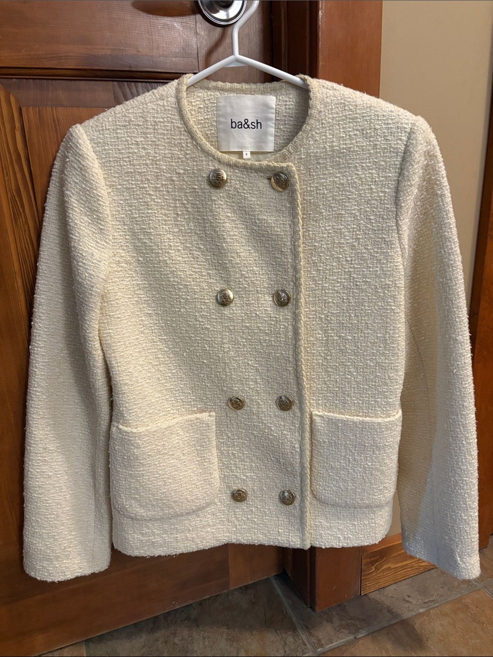 ba&sh Cream Double-Breasted Textured Bouclé Jacket